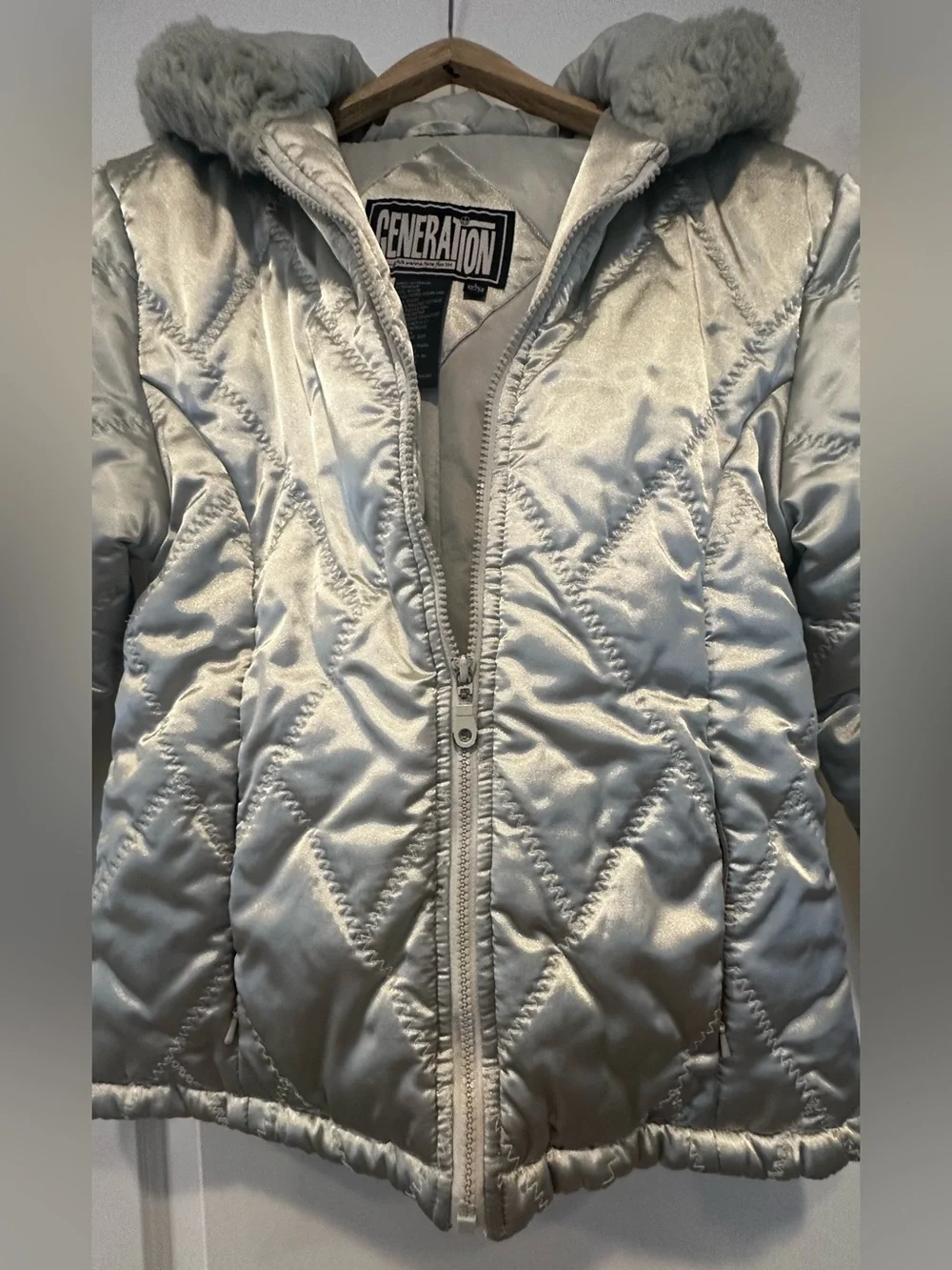 GENERATION Y Shimmery Silver Quilted Puffer with Faux Fur Trim
